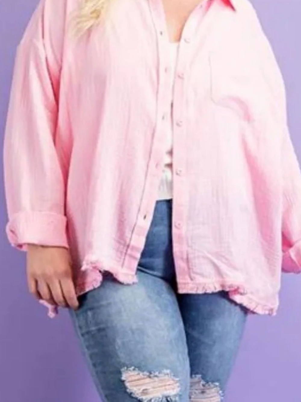 Light Pink Button-Up Oversized Cotton Gauze Shirt